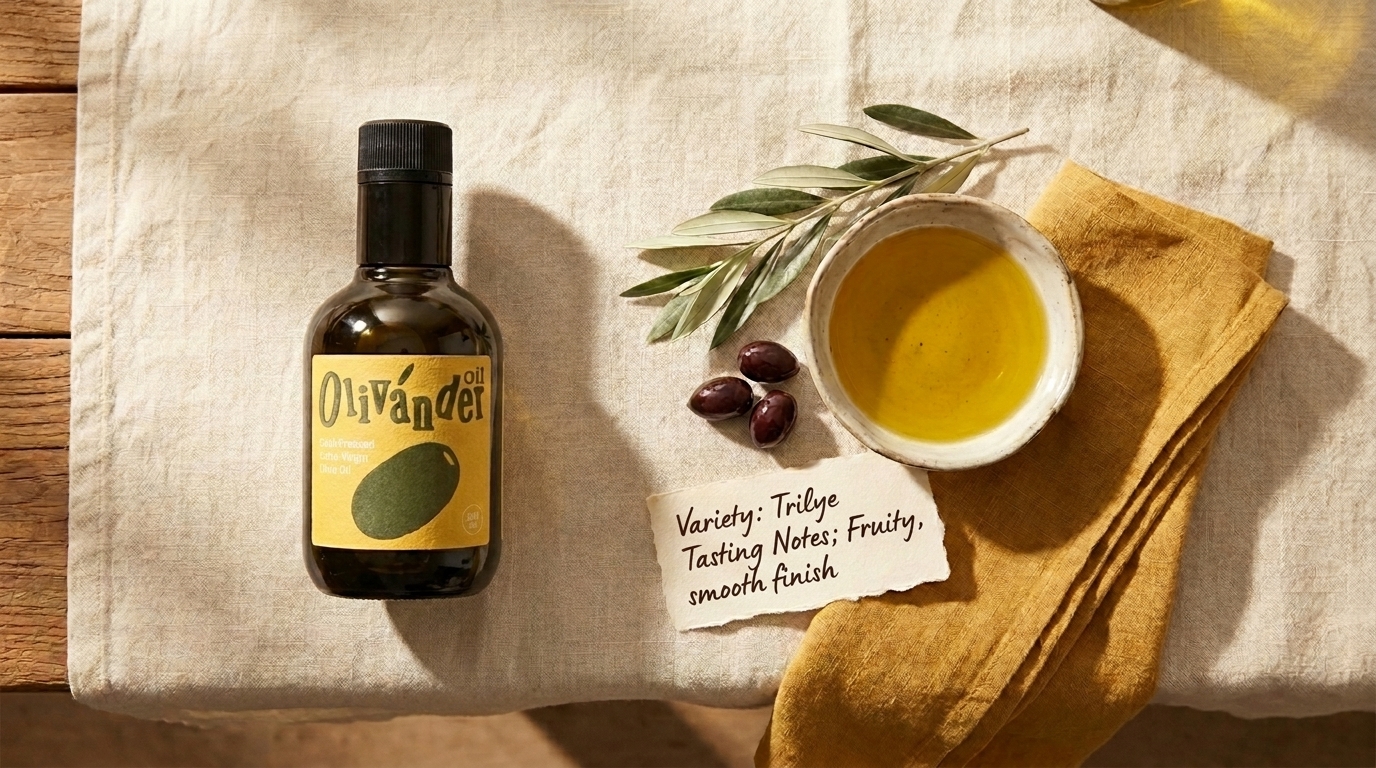 Оливковое масло Olivander Extra Virgin — сорт Трилье, холодный отжим, кислотность 0,35%